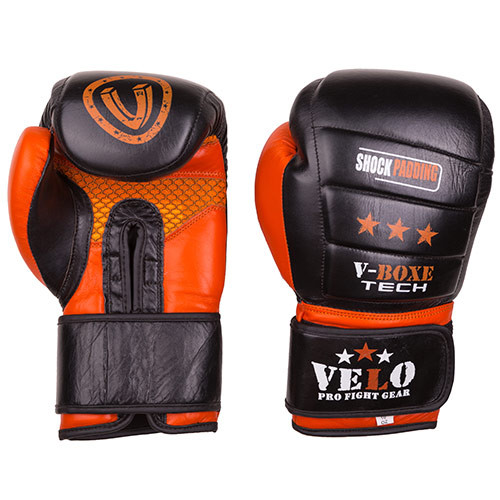 Боксерські рукавички Velo shock padding, шкіра, 10oz, чорно-помаранчевий.
