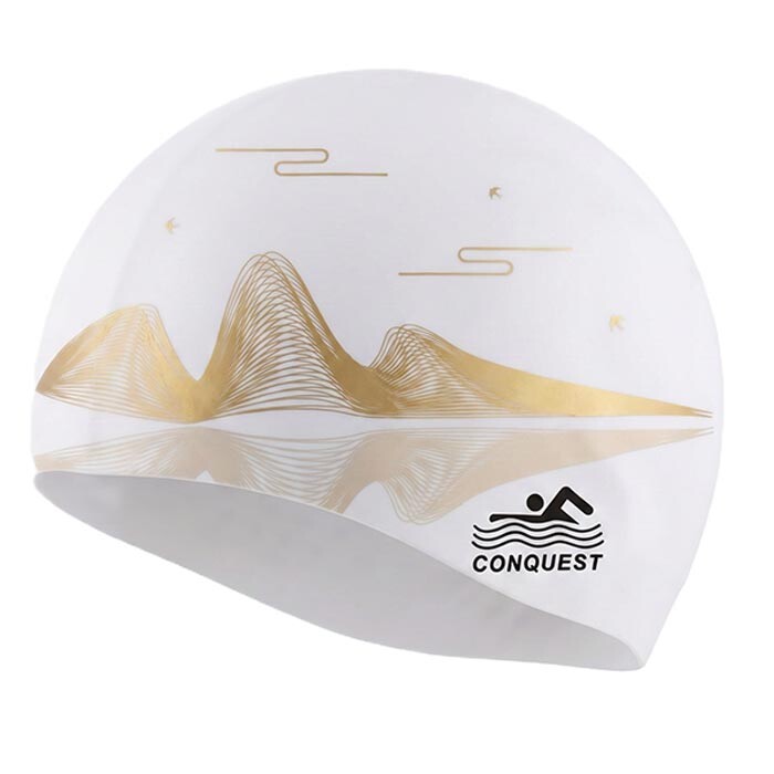 Шапочка для плавання силіконова Conquest SC49, біла з малюнком.